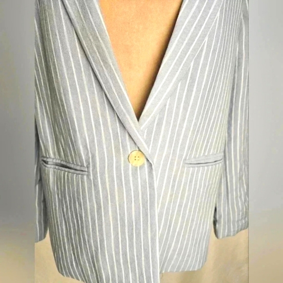 FRNCH PARIS Women's Woven Jacket Blazer Blue With White Stripes - Picture 7 of 15